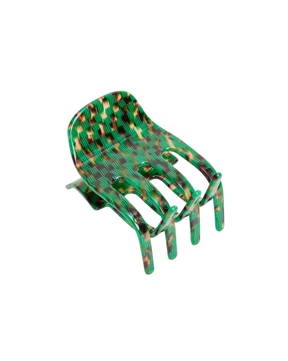 The Ursa Claw in Andi by Faire is a plastic hand-shaped claw clip, ideal for curly hair, with a green, yellow, and black checkered pattern on a white background.