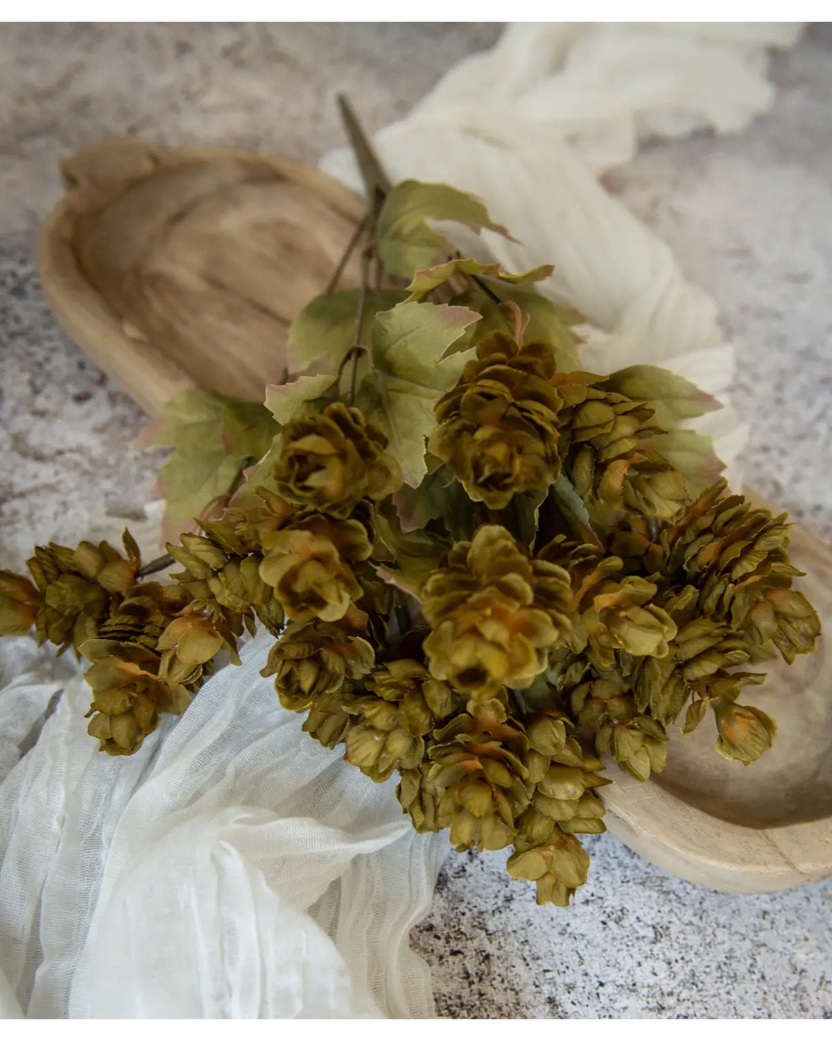 Green Hops Bush with fall leaves by The Faire on a wooden tray and white cloth, styled on textured stone.