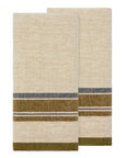 The CH Tea Towels S/2 by Faire feature a linen-cotton blend with olive green and dark blue stripes near the edges. The two towels are folded and slightly overlapping on a white background, ideal for a French country kitchen.