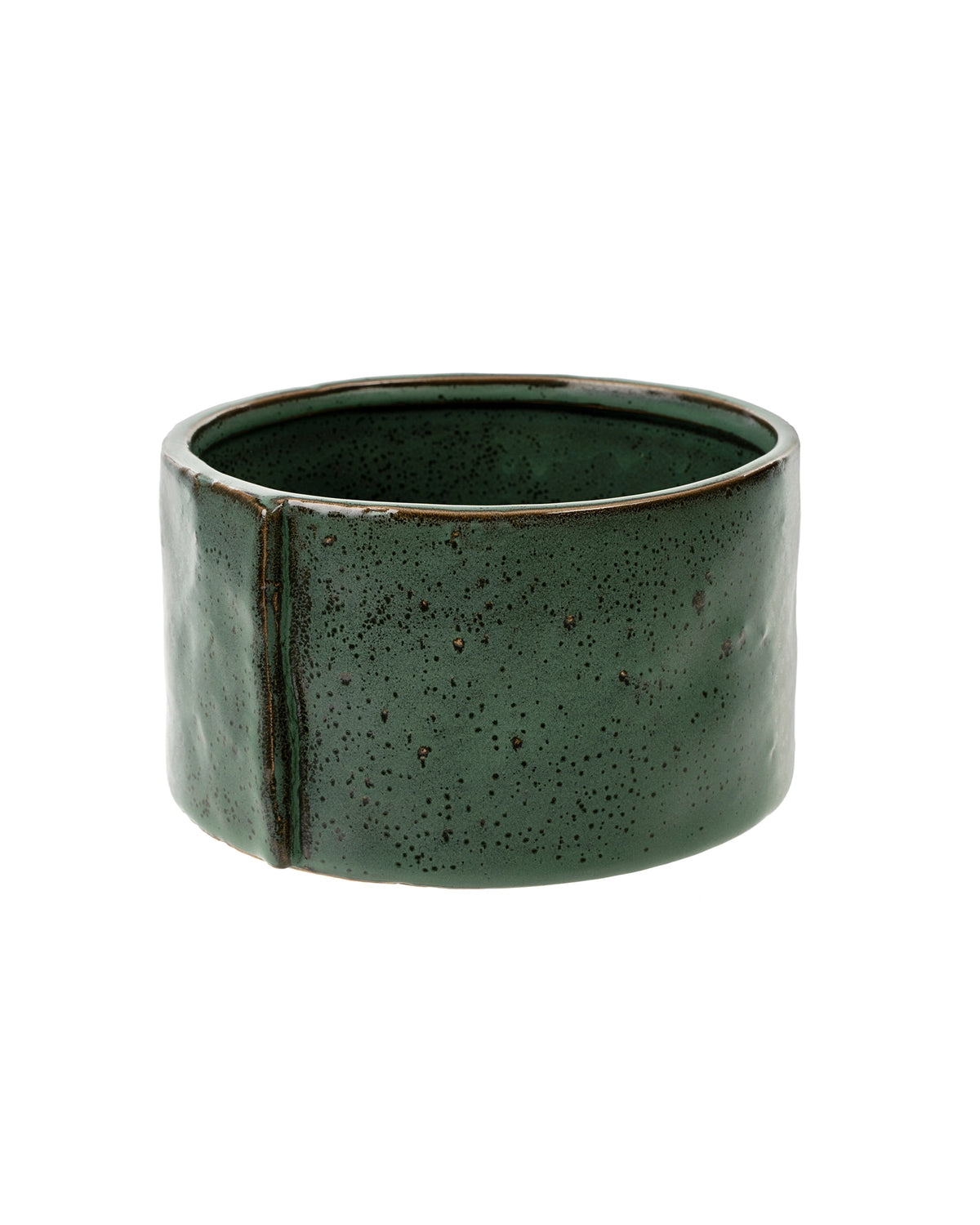 The Indaba Wrap Around Pot S is a round, dark green ceramic bowl with a speckled finish and visible seam. Its smooth rim and modern design add artisan charm, evoking the style of classic earthen green pots.