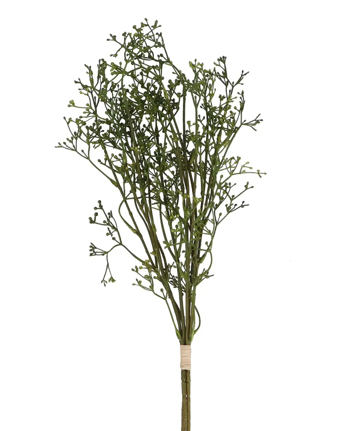 The Faire Green Mix Mini Berry Bunch features artificial flowers with small buds, tied at the base with a light string—ideal for tabletop decor and shown isolated on a white background.