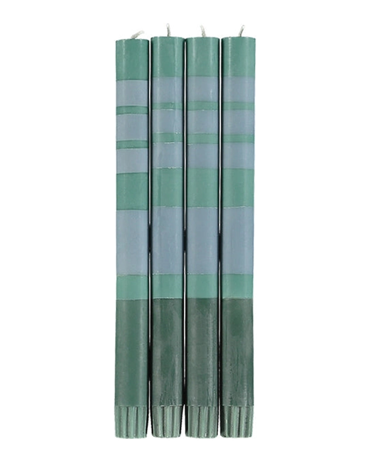 The Faire Striped Beryl Green & Moonstone Candles S/2 features hand-poured, Fair Trade candles in green and gray stripes, arranged upright against a white background—an elegant addition to any table setting.