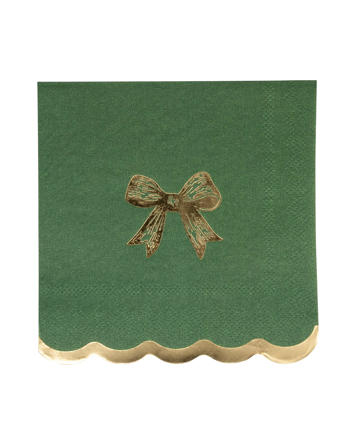 Dark green cocktail napkins with a gold foil bow and scalloped gold-trimmed edge by Bungalow Furniture &amp; Accessories.