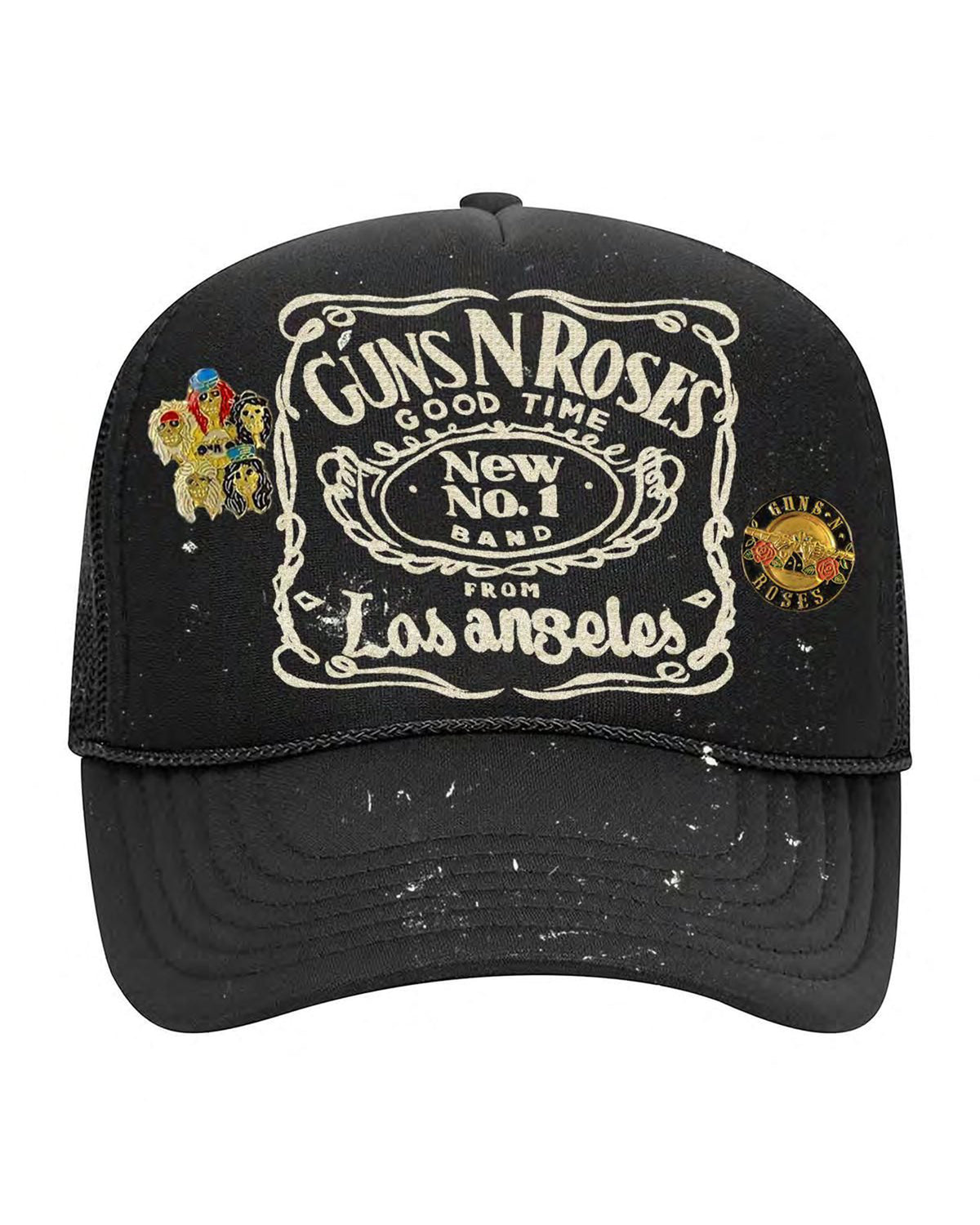 Black trucker hat with Guns N Roses logo, Los Angeles embroidery, and side patches by Made Worn.