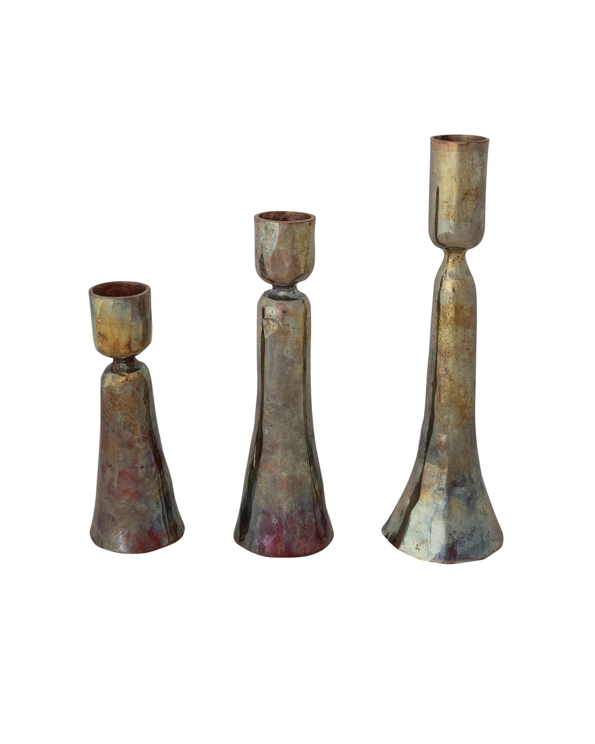 Bungalow Furniture &amp; Accessories Burnt Copper Taper Holder set in varying heights with artisan patina.