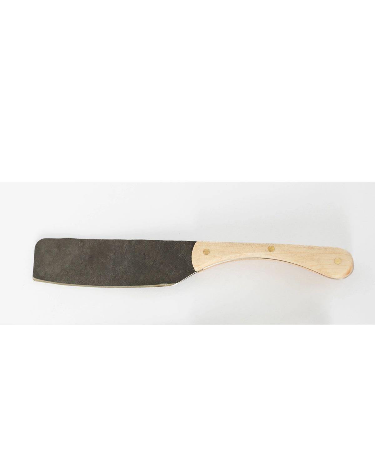 The Hand Forged Spreader by Faire is a handmade stainless steel knife featuring a large, rectangular blade and a solid wood handle, shown on a plain white background.