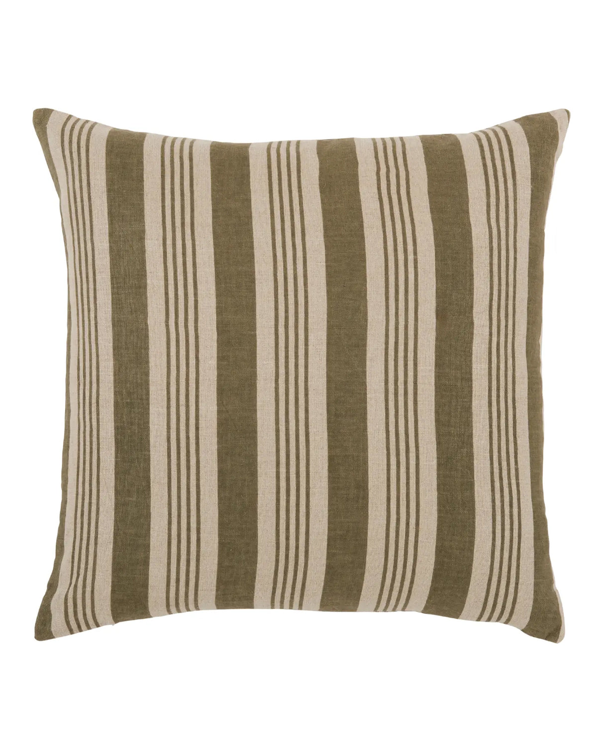 Olive green and beige striped linen pillow, 22x22, Bungalow Furniture & Accessories, Faire Harbor collection.