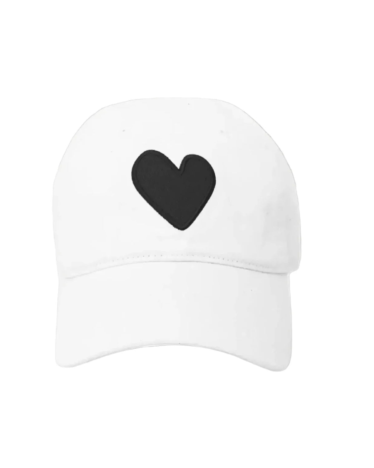 The Kerri Rosenthal Baseball Hat Heart Patch is a plain white cap featuring a bold black heart embroidered at the front, inspired by popular designs.