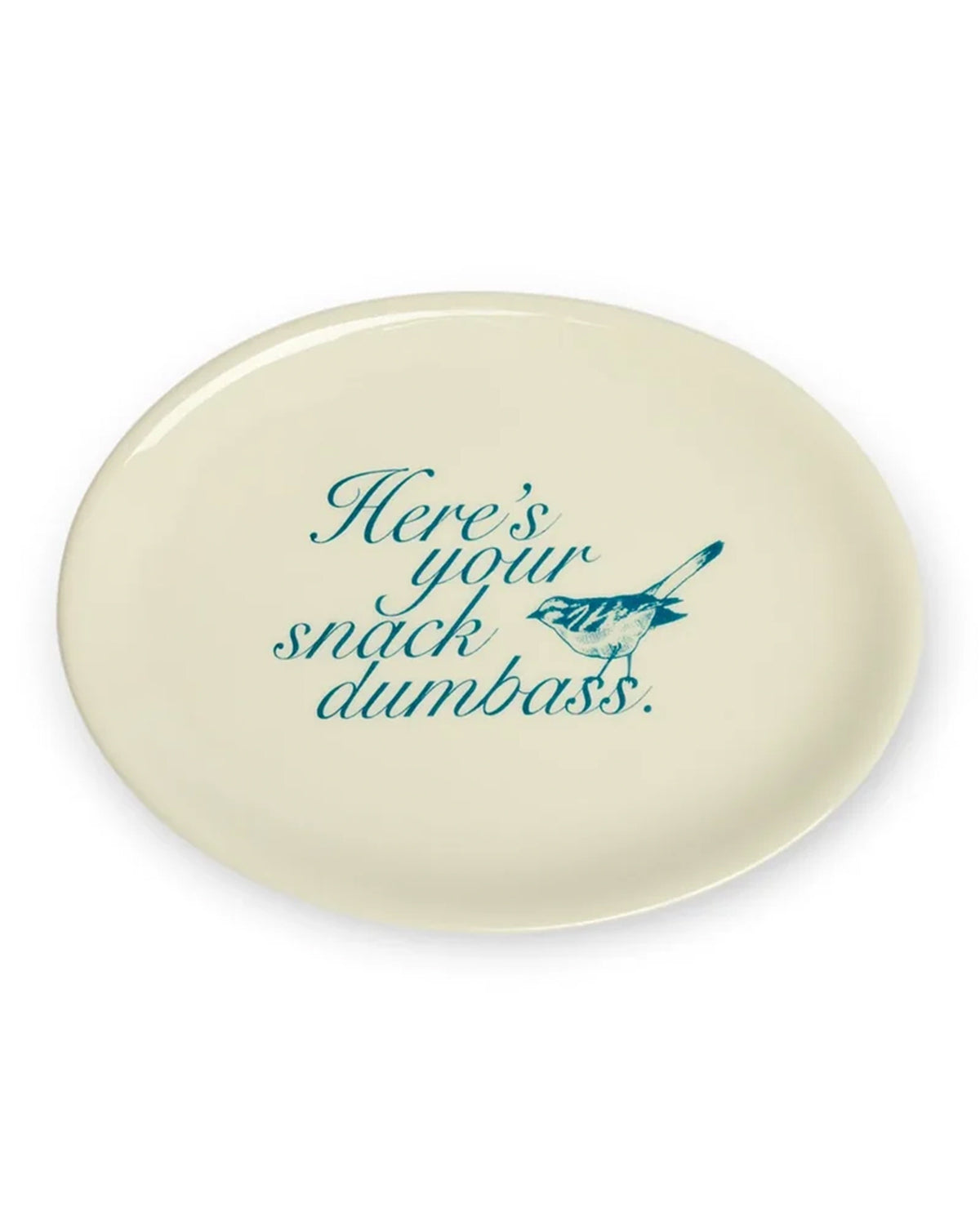 Stoneware tray with blue text and bird motif by Fishes Eddy, dishwasher and microwave safe.