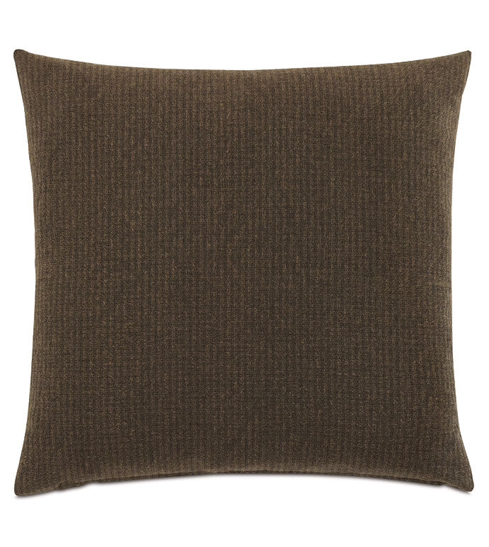 The Eastern Accents Hig-01 Higgins Pieced pillow features a square 27x27 design with brown stripes and a subtle vertical pattern, crafted from soft cotton. Shown against a white background.
