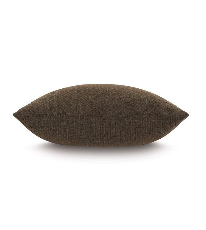 The Eastern Accents Hig-01 Higgins Pieced pillow, sized 27x27, features brown stripes and is displayed horizontally on a white background with a subtle shadow beneath.