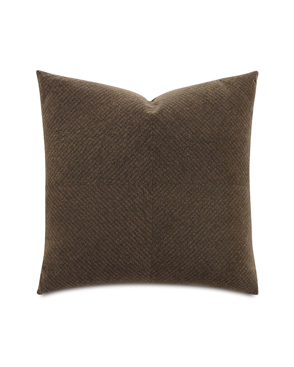 The Eastern Accents Hig-01 Higgins Pieced pillow, 27x27 inches, features brown cotton fabric with a subtle diagonal weave. It appears plush and well-stuffed, displayed against a white background.