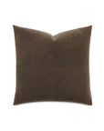 The Eastern Accents Hig-01 Higgins Pieced pillow, 27x27 inches, features brown cotton fabric with a subtle diagonal weave. It appears plush and well-stuffed, displayed against a white background.