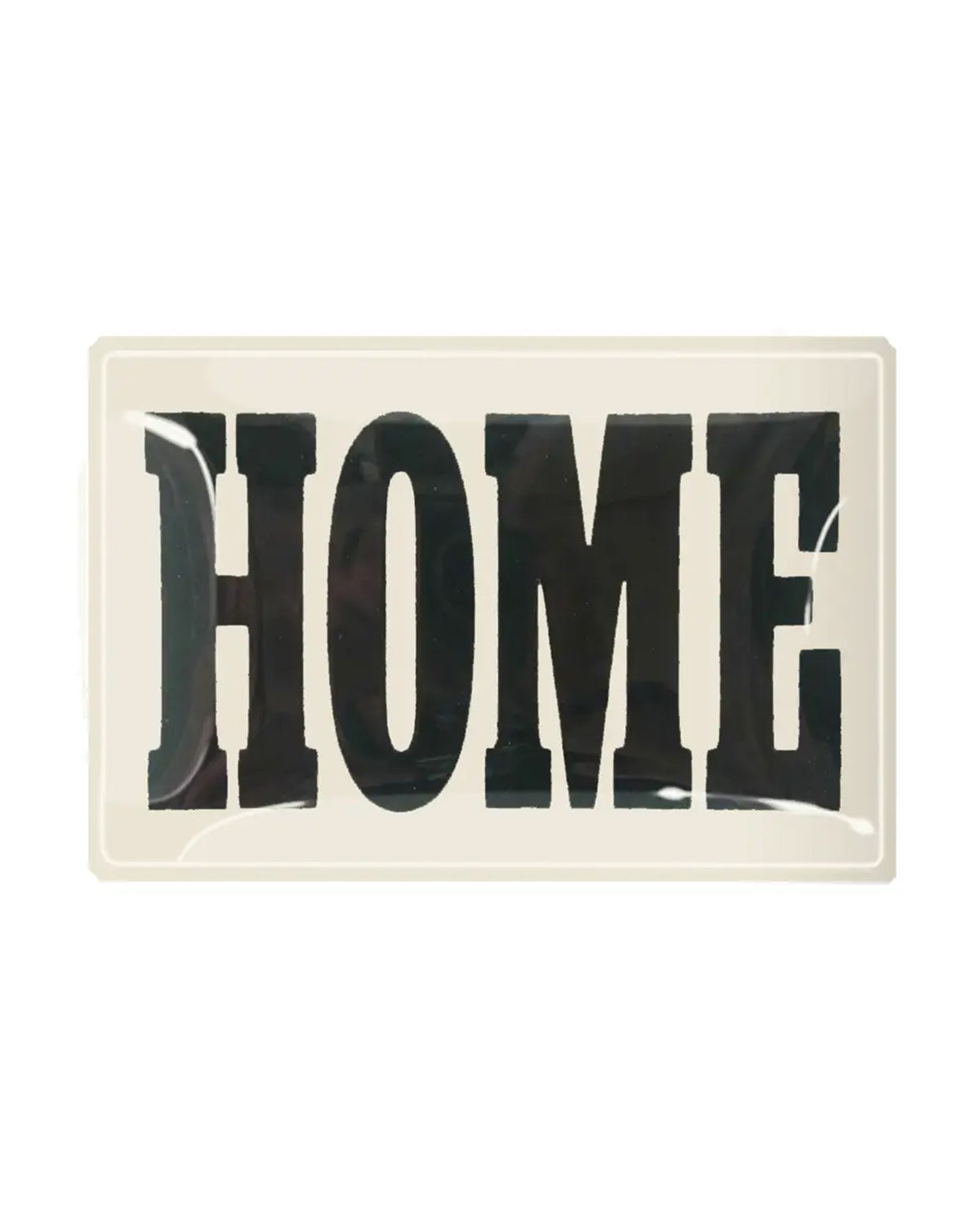 The Faire Home Block Decoupage Glass Tray features bold black vintage "HOME" lettering on a white background, adding handcrafted New York charm to any space.