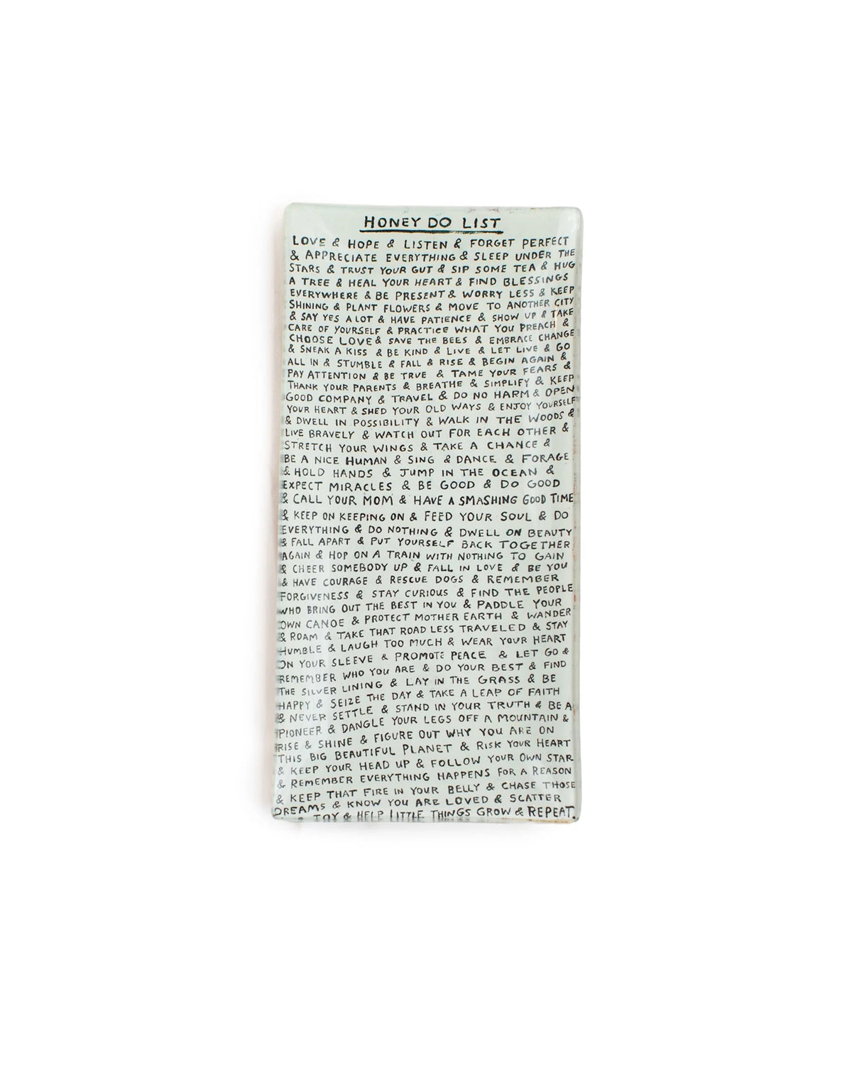 The Sugarboo Designs Honey Do List Plate is a rectangular ceramic tray featuring handwritten reminders like love, hope, and forgive. This charming jewelry holder adds decorative appeal to your space and looks beautiful on any white background.