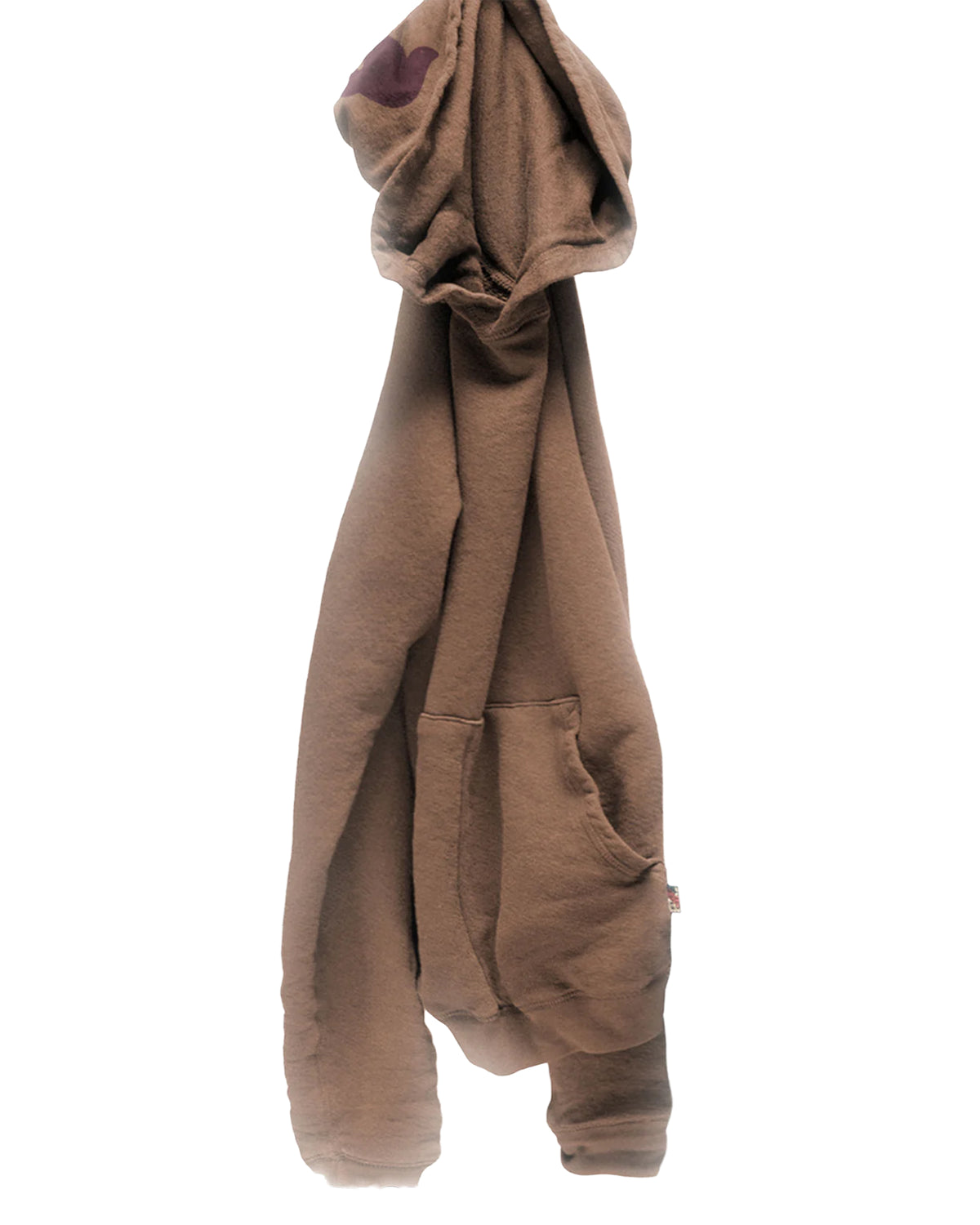 The BASIC GOODNESS HOODIE by Free City (sparrow, LLC) is an oversized brown pullover with a front pocket, casually draped on a hook against a white background, highlighting its laid-back style and made in the USA.