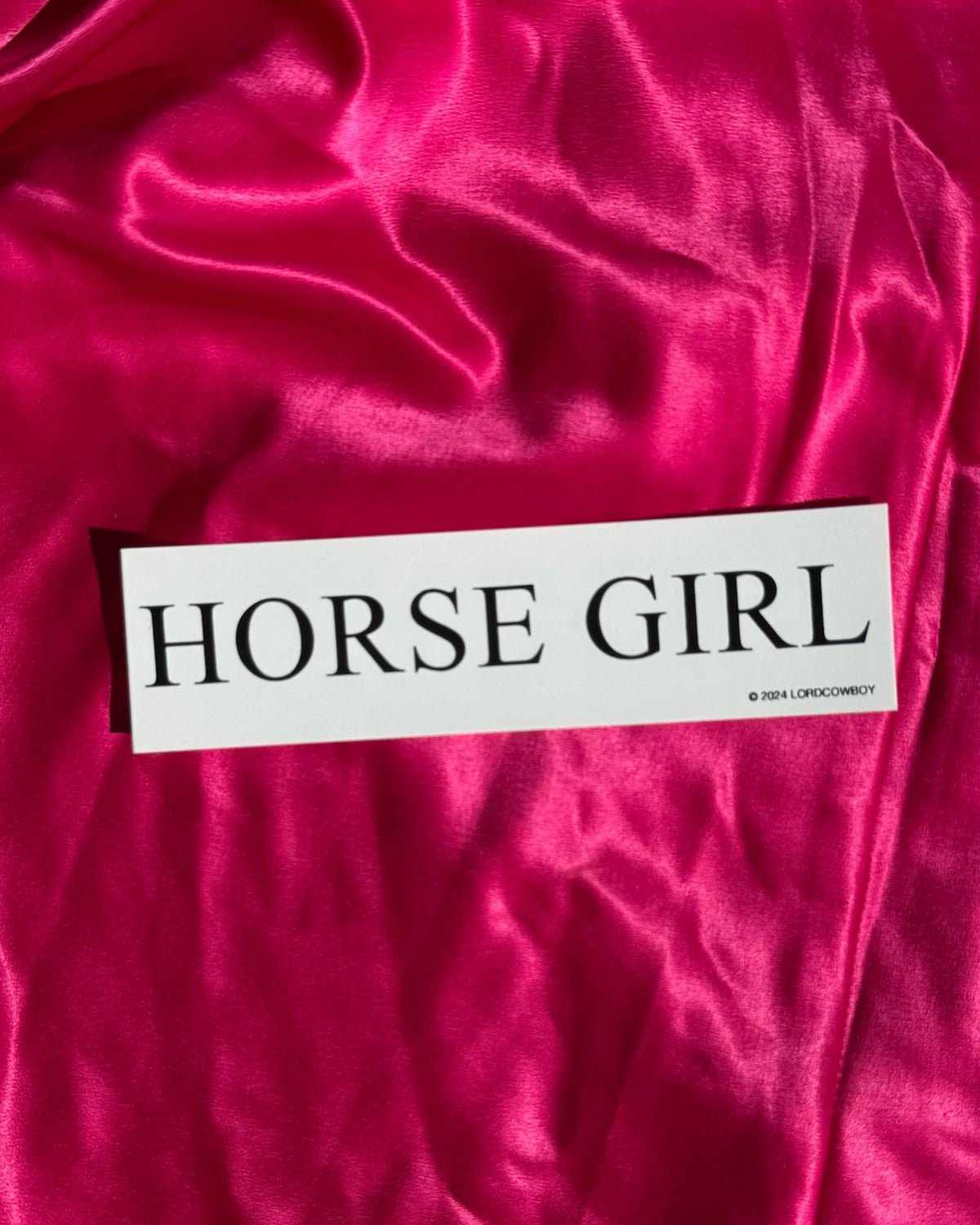 Horse Girl vinyl sticker by Bungalow Furniture &amp; Accessories, 8x2 glossy black text on draped bright pink fabric.
