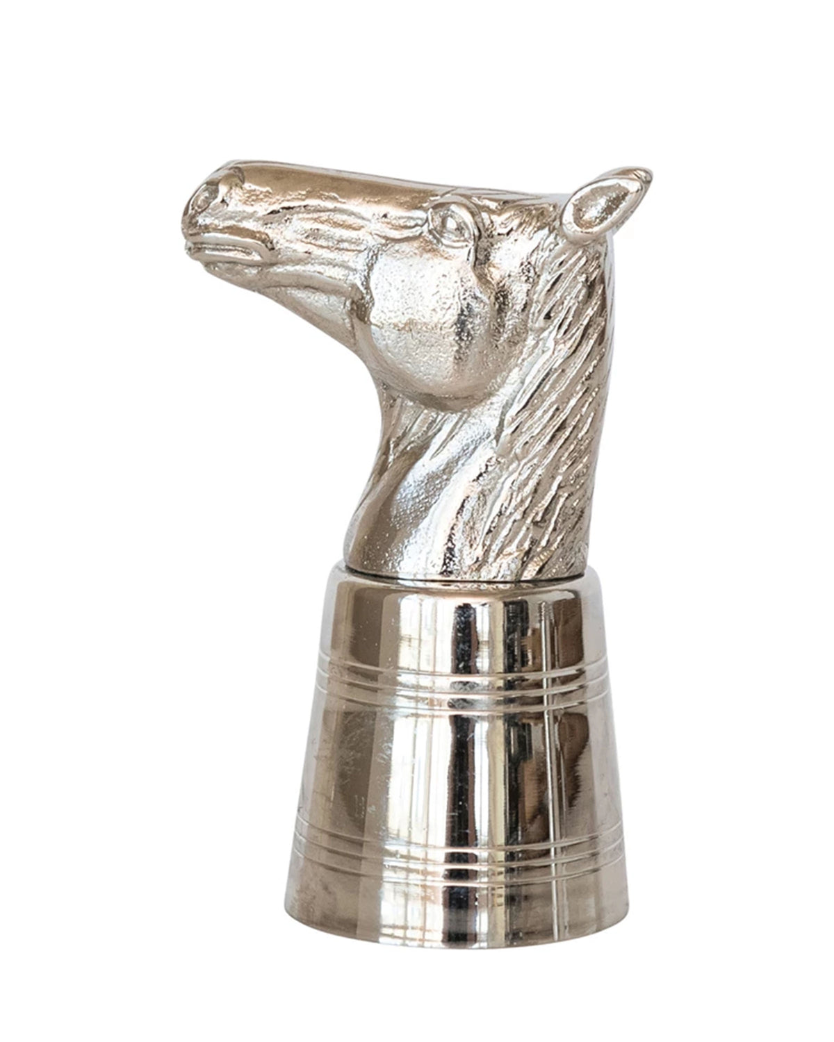 The Creative Co-op Cast Alum Stainless Steel Horse Head features a detailed, shiny chess knight design with a reflective finish, showcased against a plain white background.