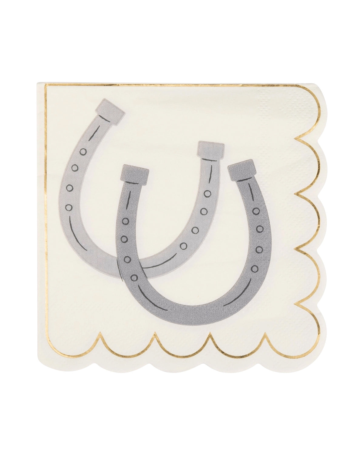 Howdy cocktail napkin with gold scalloped edge and gray horseshoes by Bungalow Furniture &amp; Accessories.