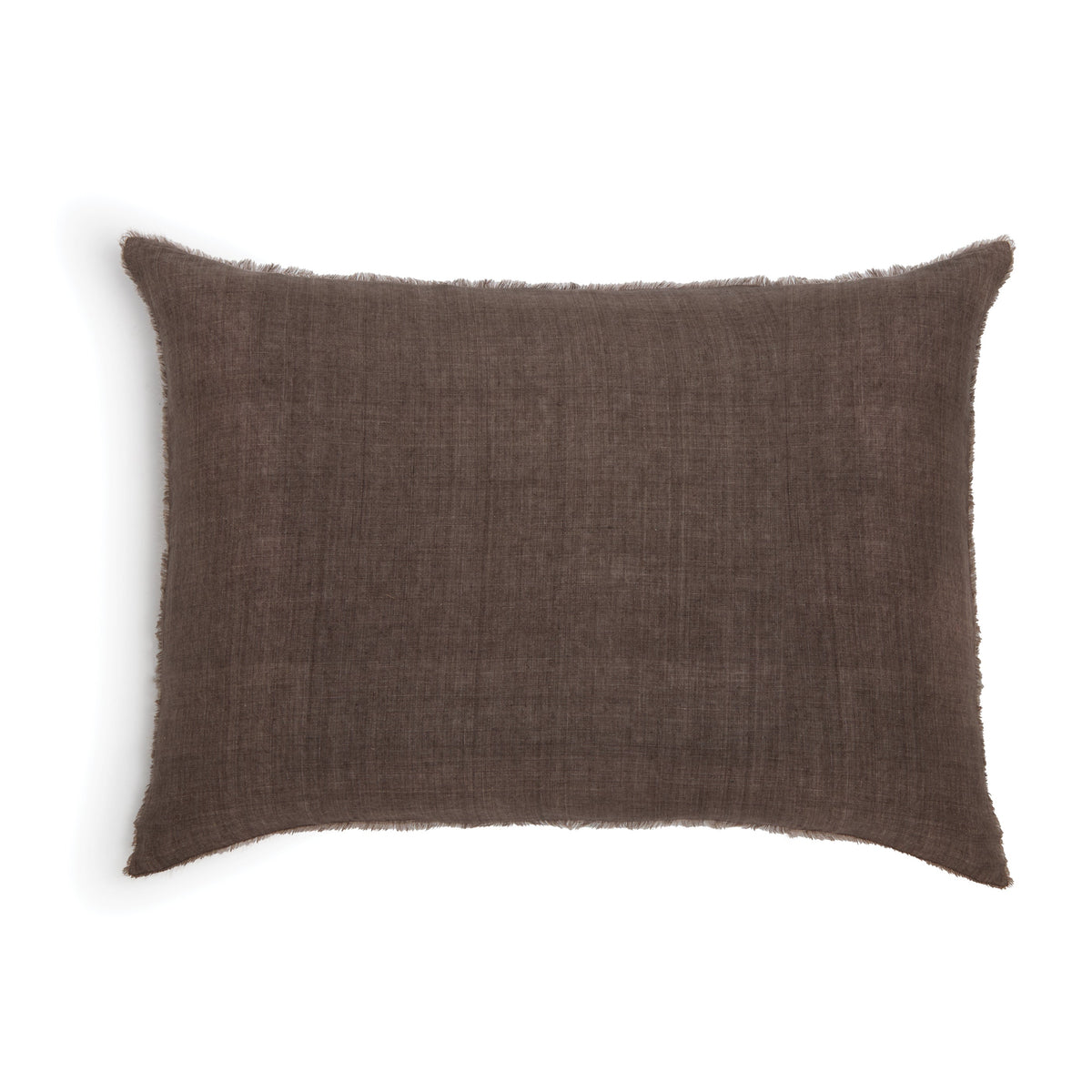 The Hunter Big Pillow by POM POM is a rectangular, brown hand-loomed linen pillow with slightly frayed edges—ideal for bringing earthy tones to your luxurious bedding.
