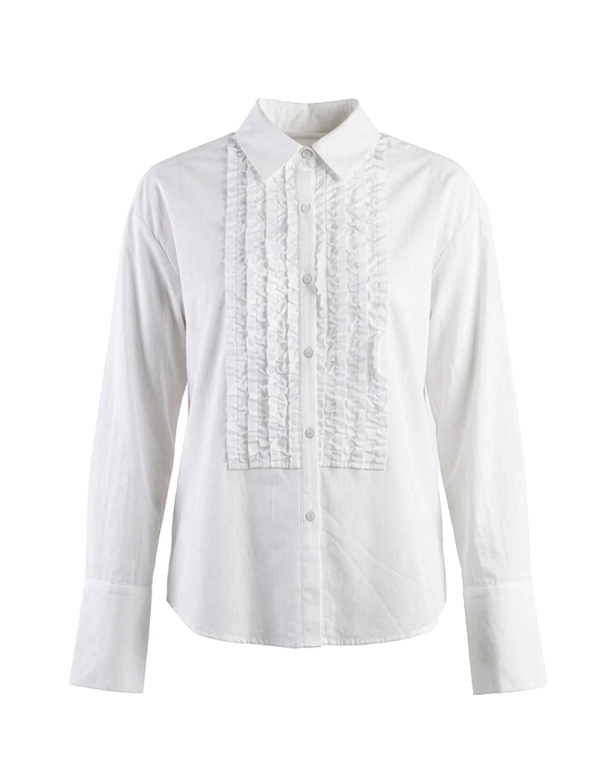 The Future Husband Tux Shirt by Le Superbe features white long sleeves, a pointed collar, and front ruffle details—an elegant choice for formal occasions.