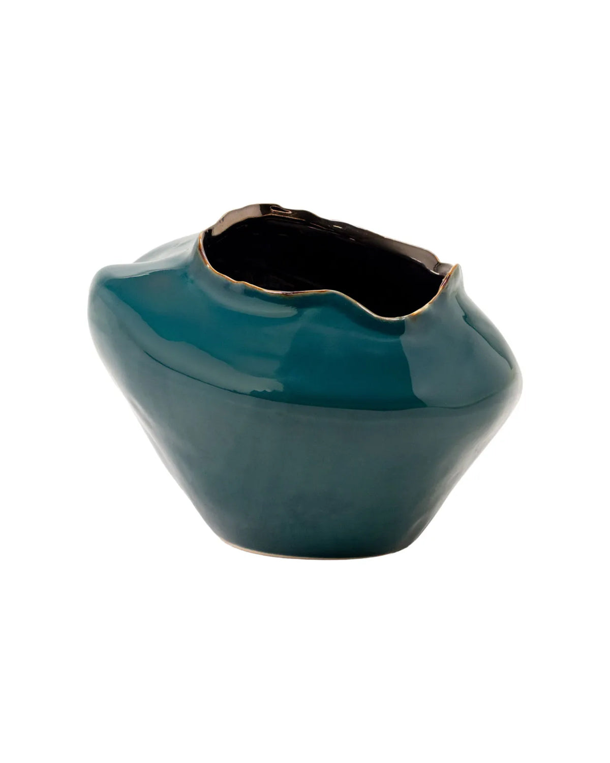 Teal ceramic Ilaria Medium Vase with an asymmetrical, organic rim and dark interior by Bungalow Furniture & Accessories.