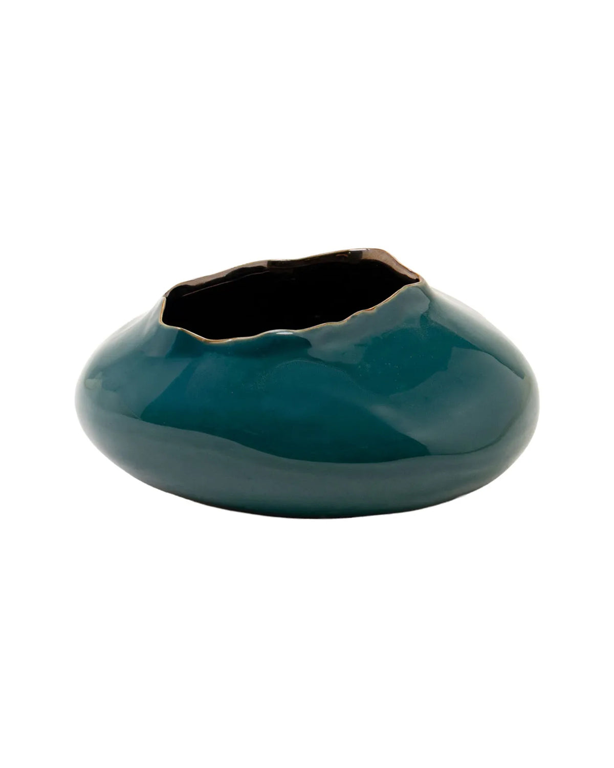 Teal Ilaria short ceramic vase with an irregular organic rim and a modern, low-profile design from Bungalow.