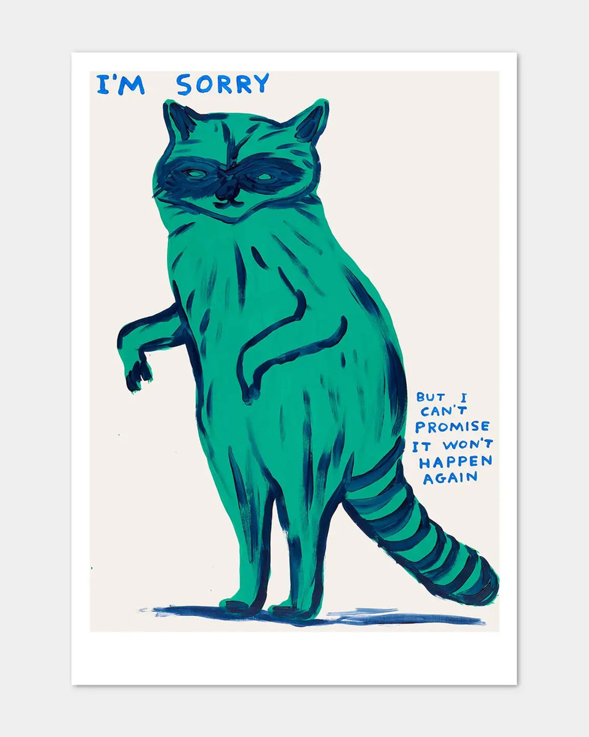 The "I'm Sorry, I Can't Promise It Won't Happen Again Postcard" by Faire features a teal and blue cartoon cat with a mischievous look, paired with playful apology text in the style of David Shrigley postcards.