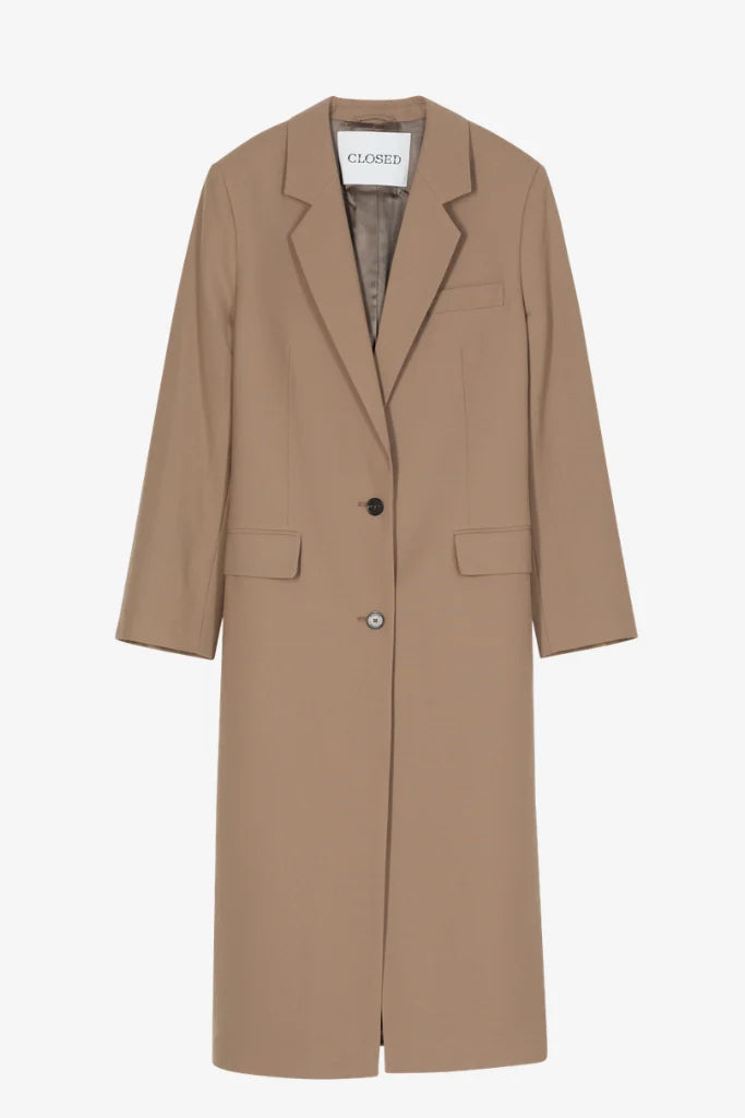 Long tan wool-blend womens blazer coat with notched lapels and flap pockets by CLOSED, tailored fit.