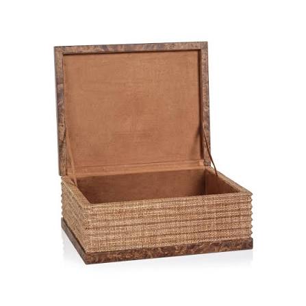 Open Zodax Burlwood &amp; Raffia Box L with a textured woven lid and natural wood grain finish.