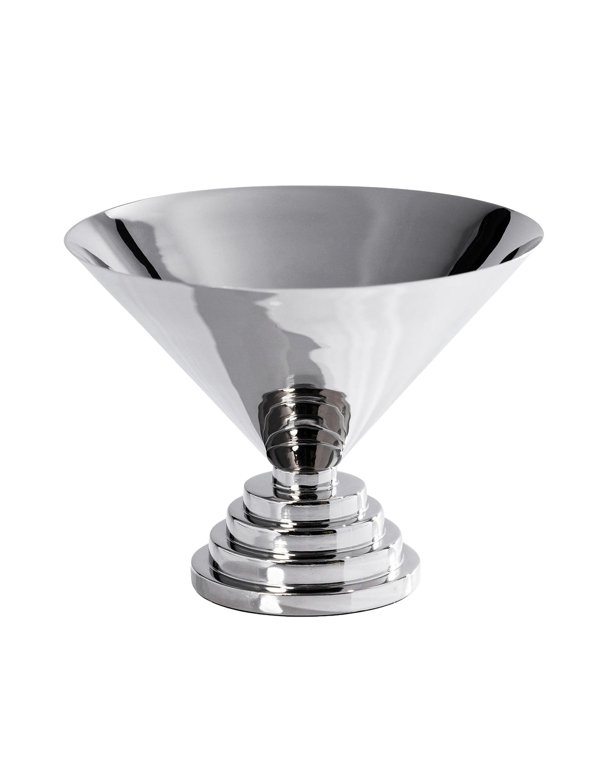 Polished silver-tone Nickel L Condiment Bowl with a conical top and tiered base by Bungalow Furniture &amp; Accessories.
