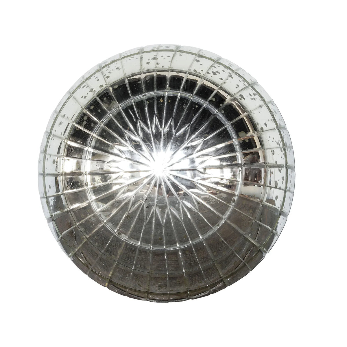 Viewed from above against a white background, the shiny, round Wunderkammer Orb by Blue Ocean Traders—with its antique-silver glass and grid pattern—reflects light in vintage style, making it an eye-catching accent for any space.