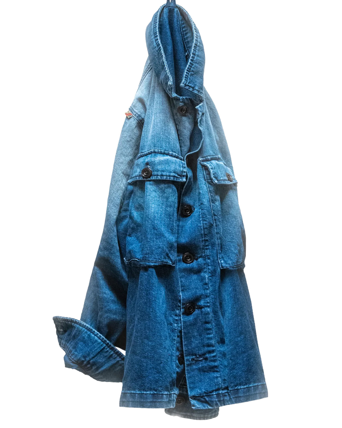 Blue Biggy shirt with folded sleeve and buttons, by Free City, Indigo Workshop Uniform collection.