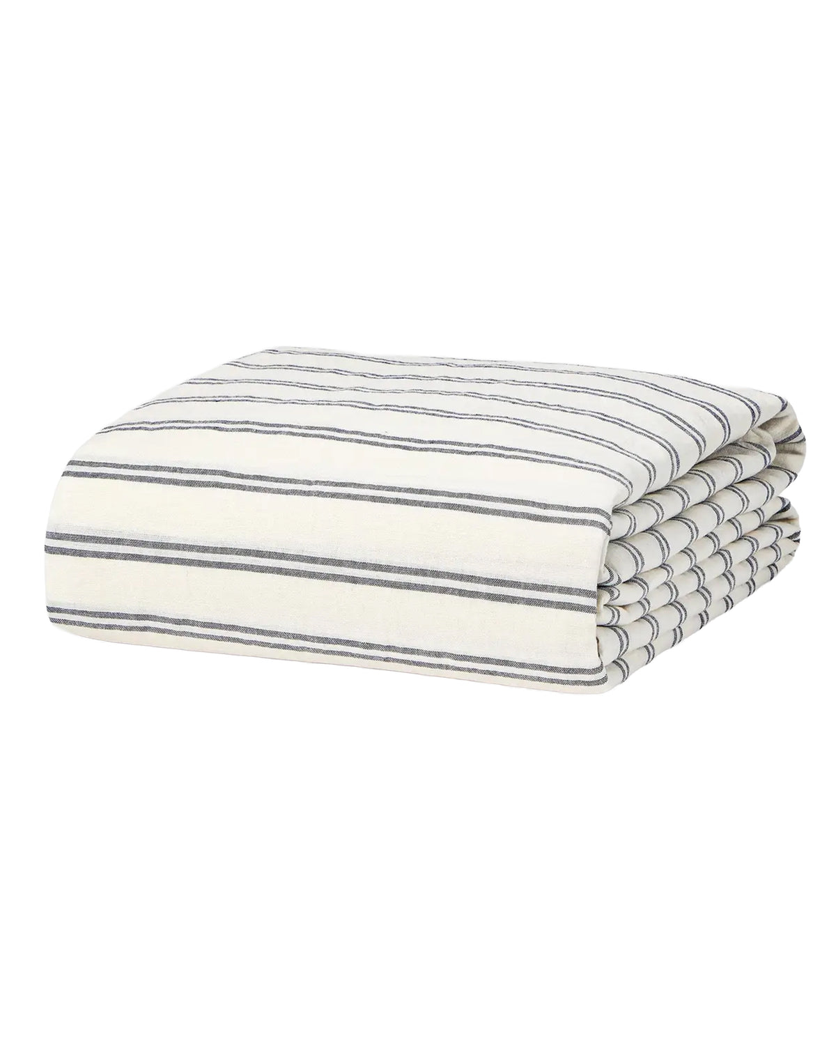 The Kemptown Stripe Linen Duvet by Faire features a neatly folded ivory cover with thin, evenly spaced horizontal black and gray stripes.