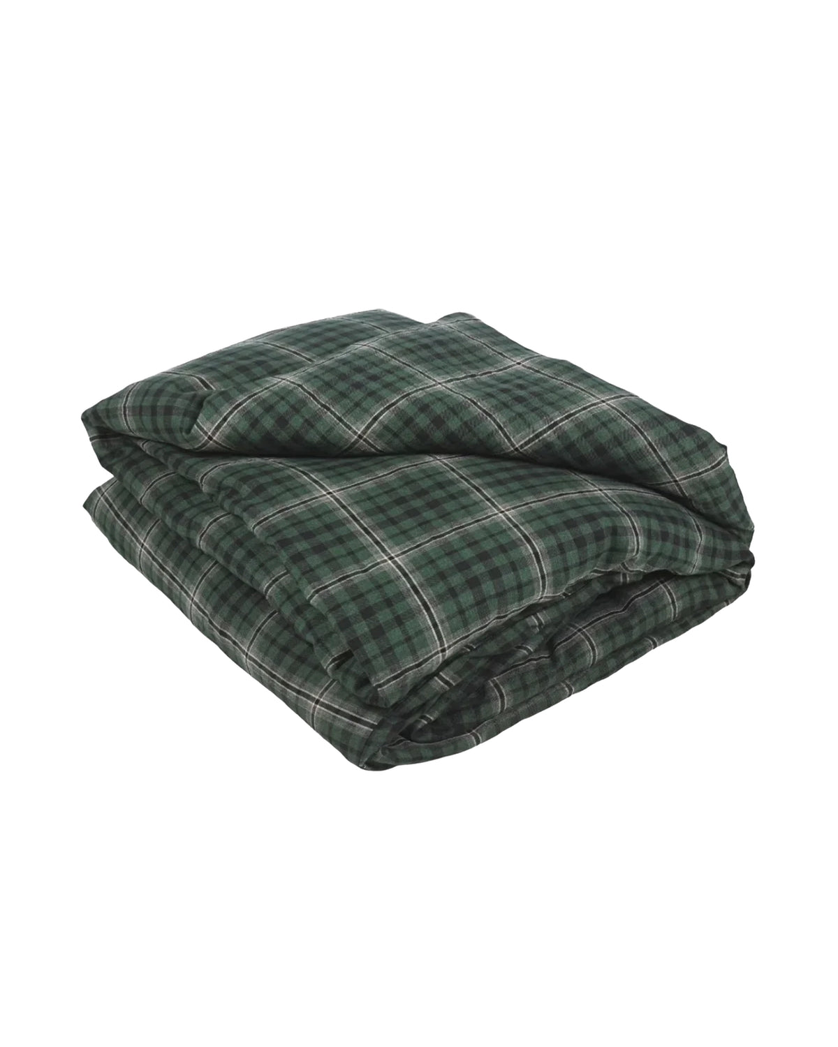 Green plaid linen duvet cover, folded; Libeco Home Jack Check collection at Bungalow Furniture & Accessories.