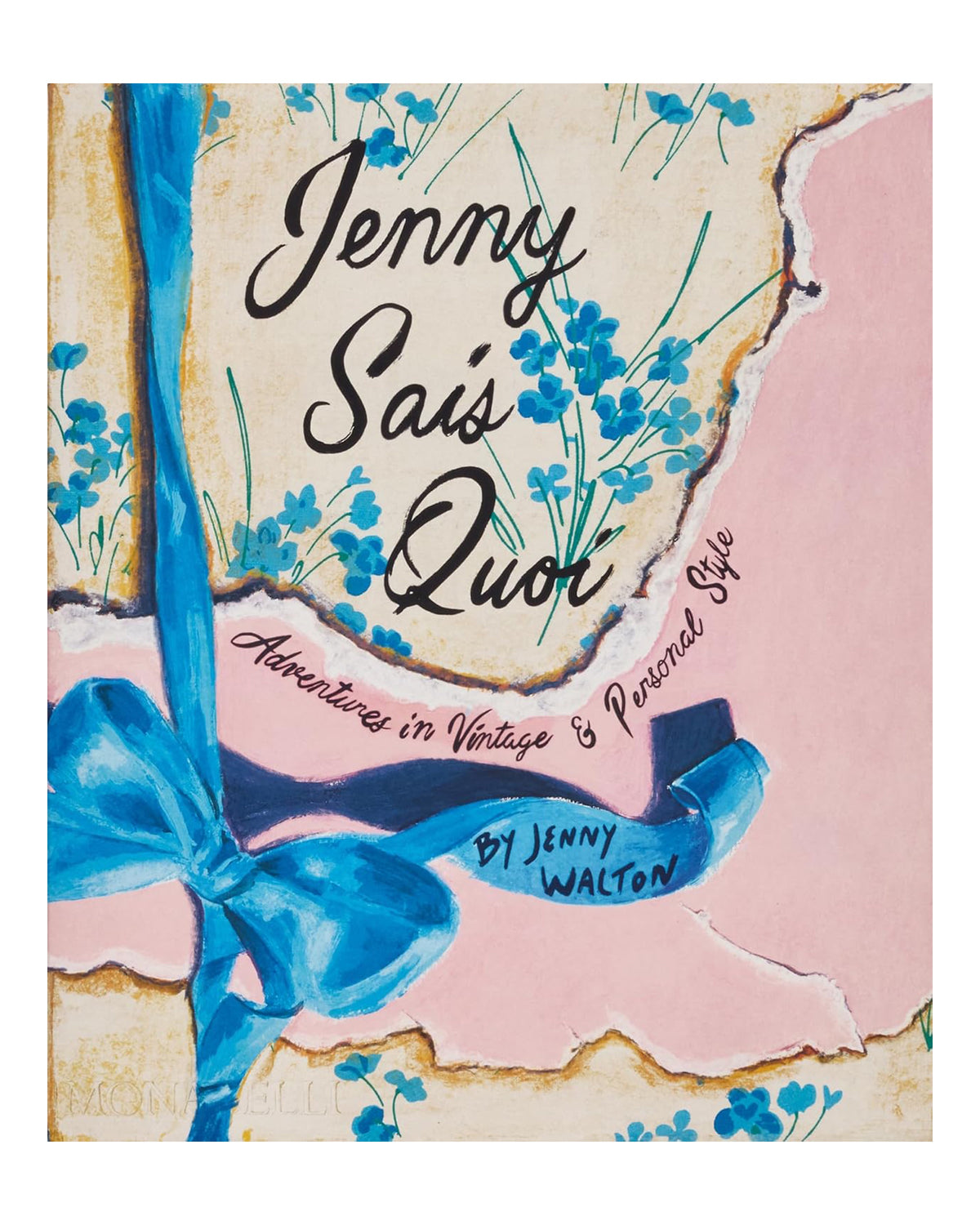 Jenny Sais Quoi book cover with blue ribbon and floral design, Hachette Book Group.