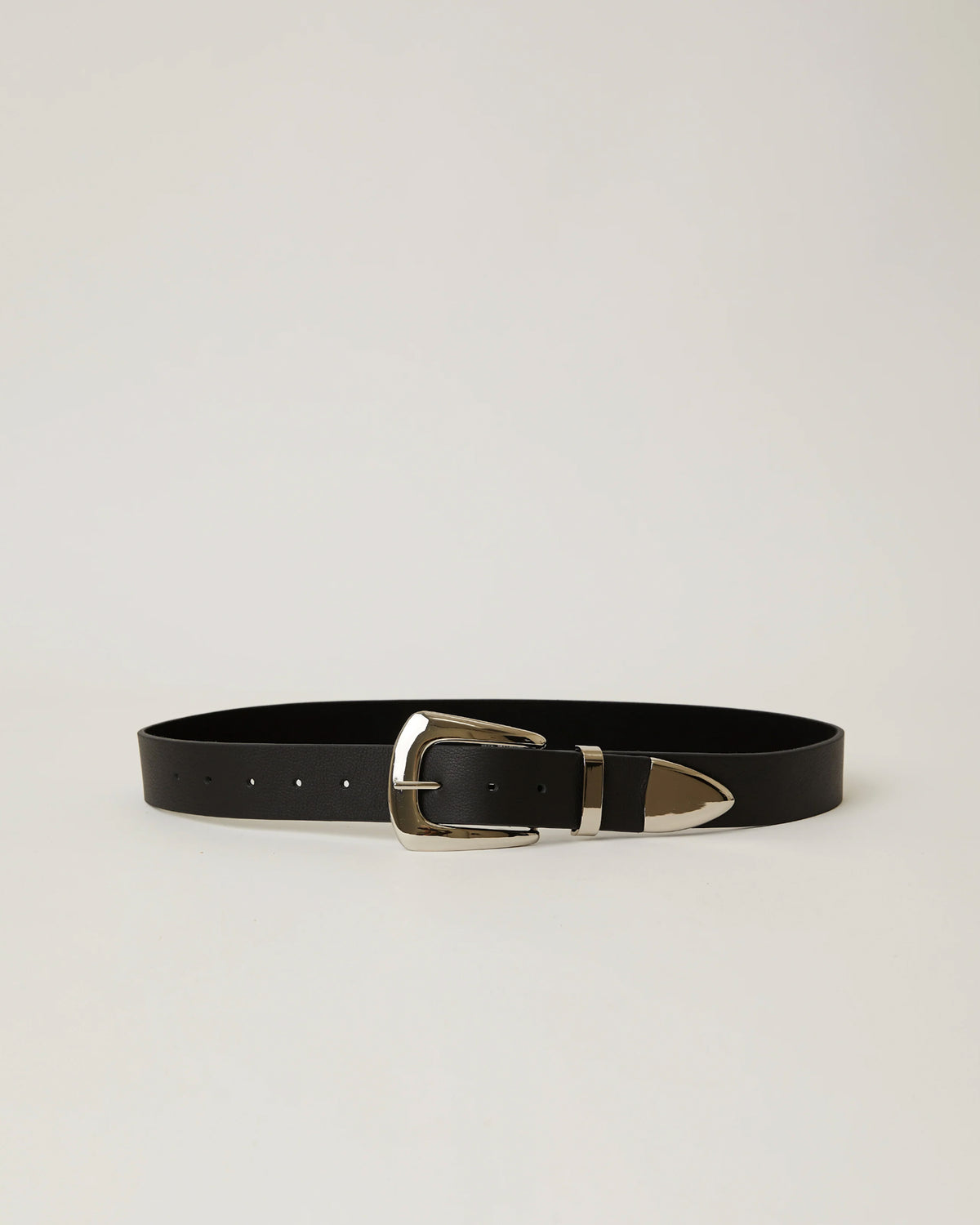 The B-Low The Belt Jordana Mini is a genuine leather Western belt with a shiny silver buckle and pointed tip, shown against a plain light background.