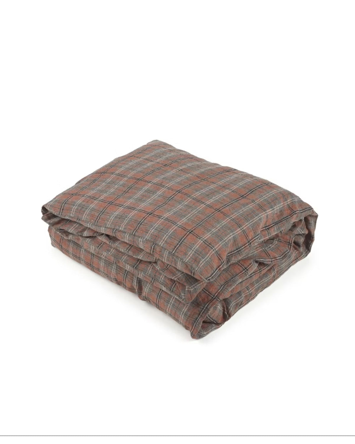 The Jude Check Duvet by Libeco Home, featuring a brown and gray plaid pattern, rests on a white surface—ideal for adding cozy style to your linens. Refer to washing instructions for proper care.