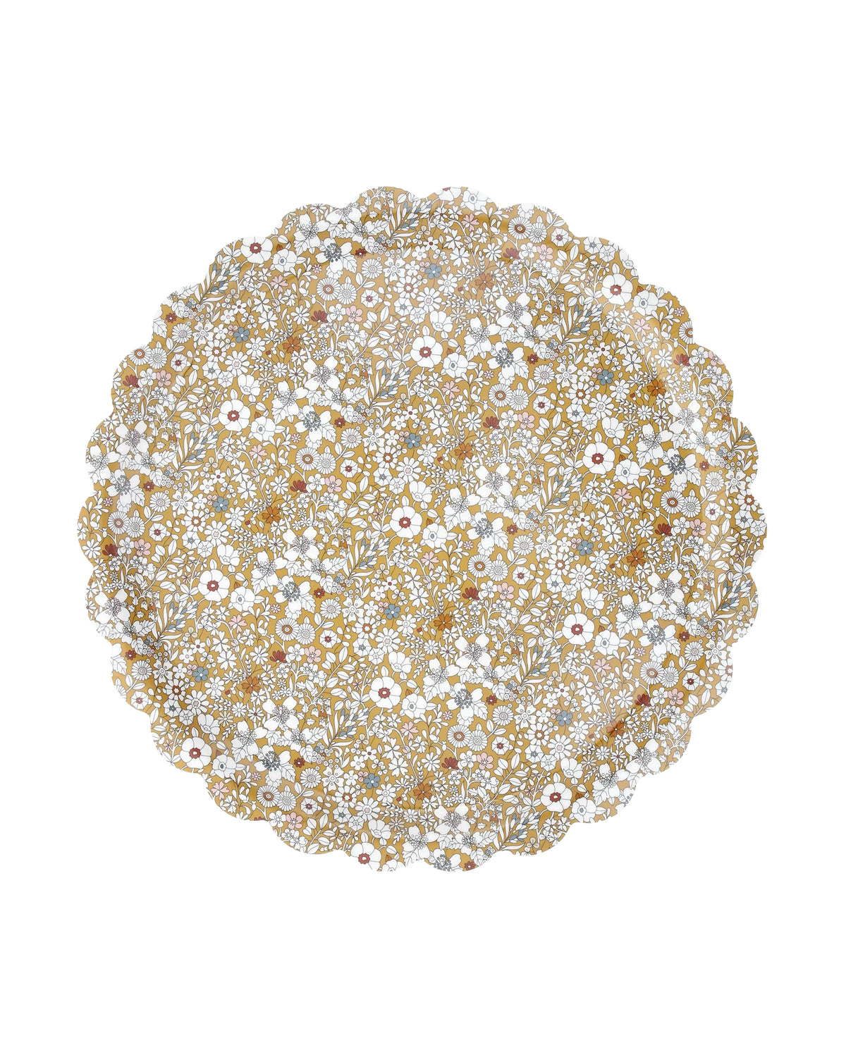 The Meri Meri x Liberty June's Meadow Small Tray by Faire features a round scalloped edge with a yellow, white, and brown floral pattern on a light background—perfect for adding charm to any setting.