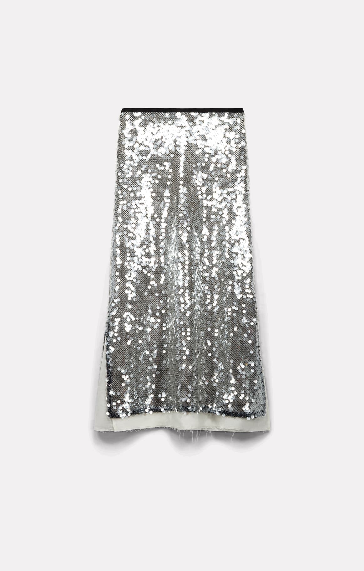 Silver sequined midi skirt with a black waistband by Roseanna, made in France.