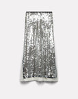 Silver sequined midi skirt with a black waistband by Roseanna, made in France.