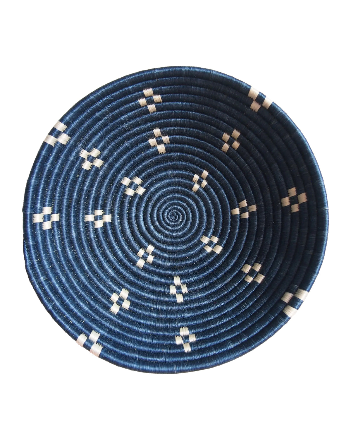 Round blue sisal bowl with white geometric pattern by Faire, The Kabaya Large Bowl.
