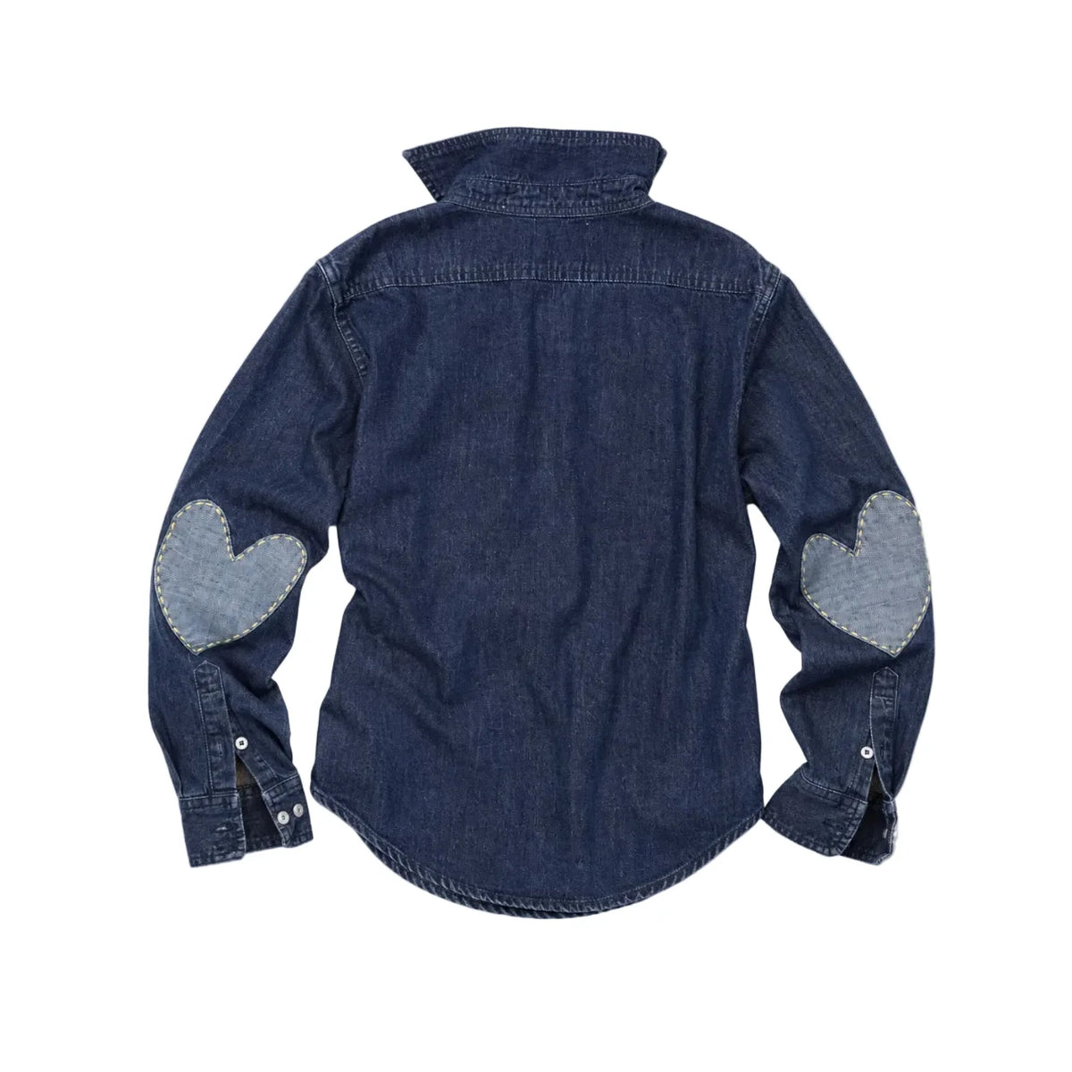 Keaton Denim Shirt in dark rinse with heart elbow patches by Kerri Rosenthal, back view, casual women’s top.