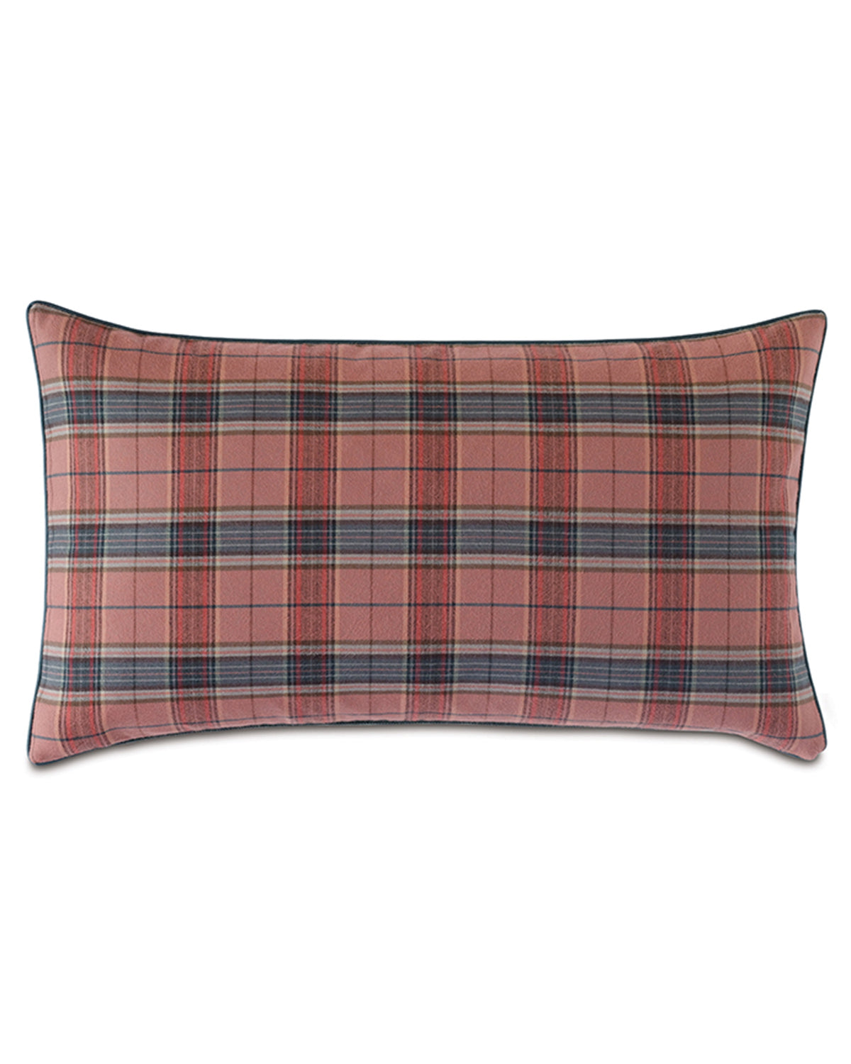 Plaid cotton pillow with red, black, blue, and white checks, faux leather trim by Eastern Accents, Kilbourn collection.