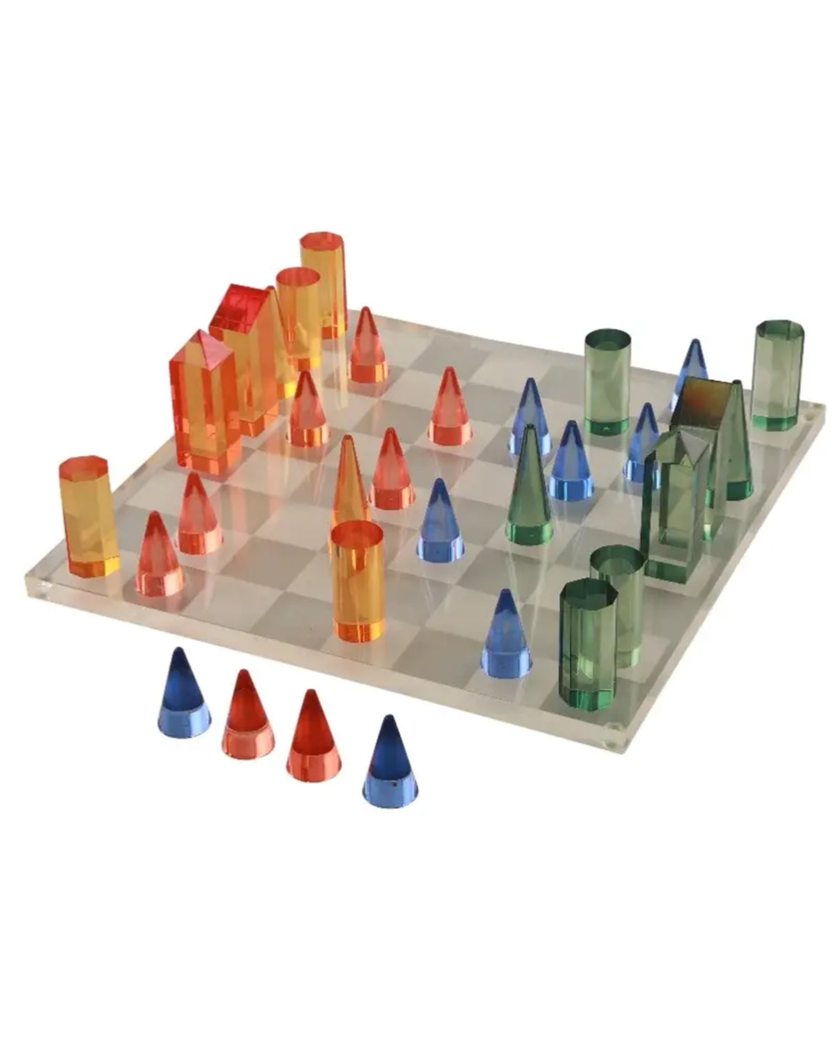 Colorful acrylic chess set with transparent red, yellow, green, and blue pieces by Go Home Kingdom Chess Set.