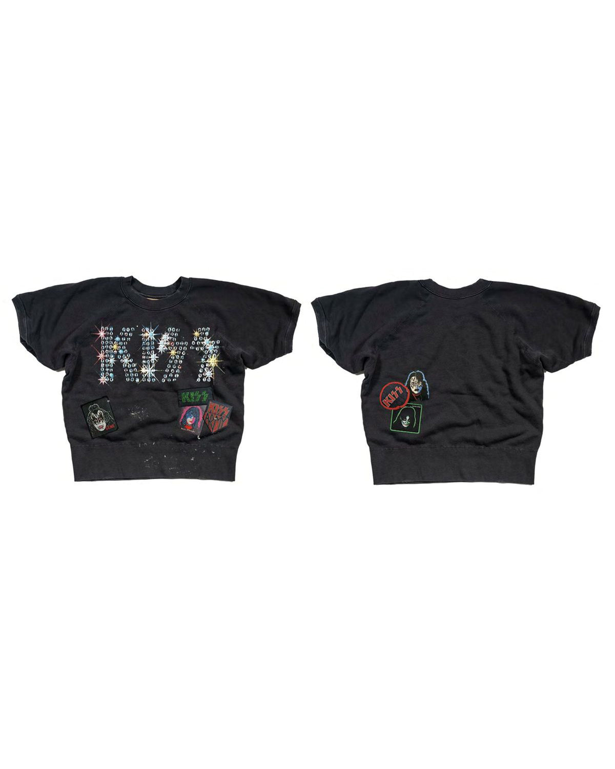 Black cropped sweatshirt with colorful Kiss logos and patches by Made Worn for a bold rock-inspired look.