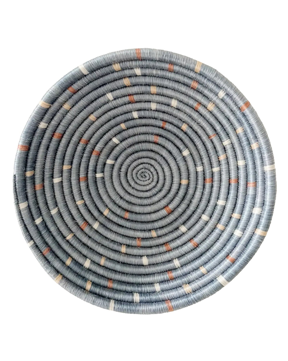 The Kitopo Small Bowl by Faire is a round, handmade basket tray woven from sisal with gray-blue concentric rings and white and brown stitch accents, shown against a white background.