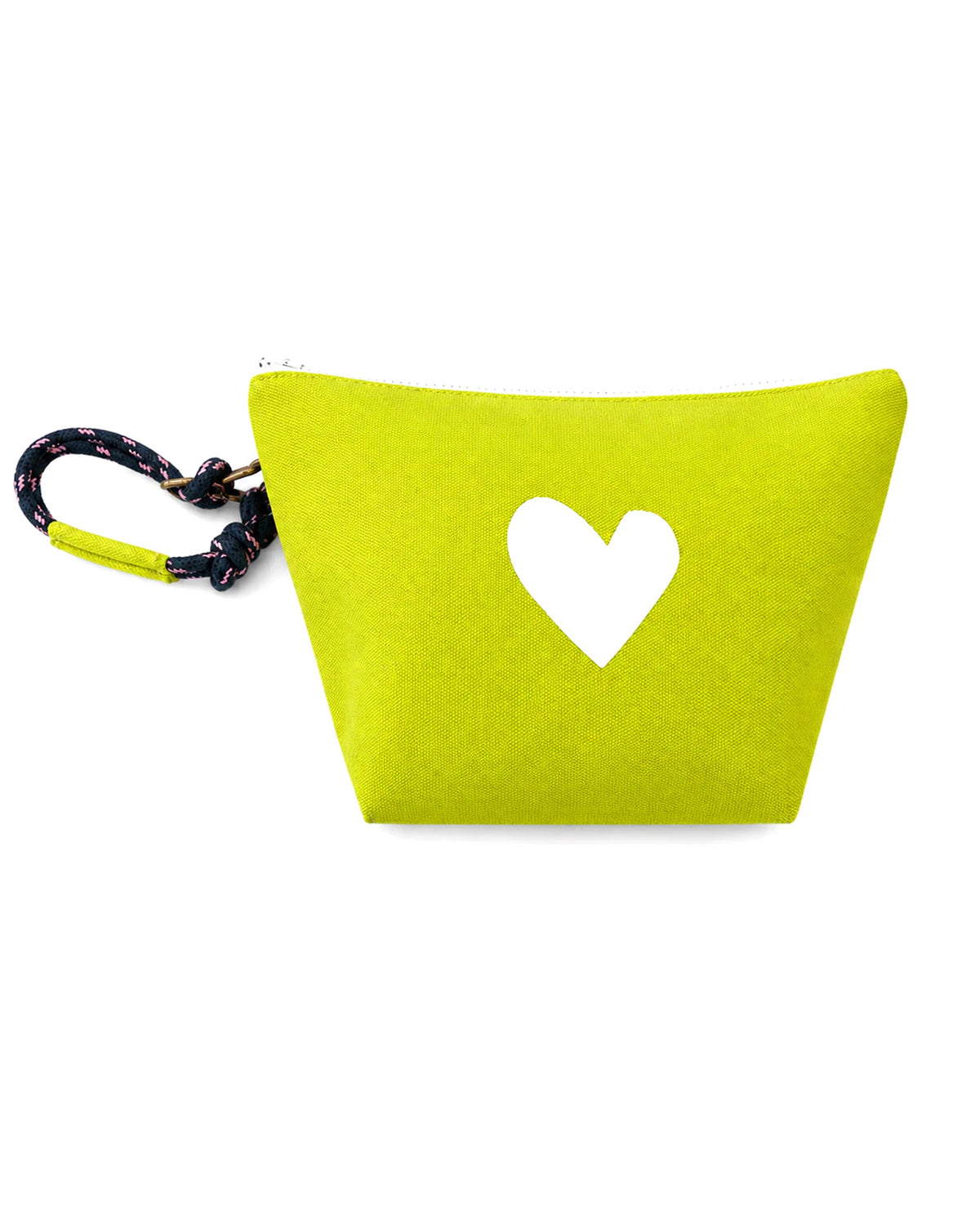 The KR Heart Wristlet by Kerri Rosenthal is a bright yellow cotton canvas clutch with a white heart center, lined interior, and black floral-patterned strap—combining charm and functionality in one stylish accessory.