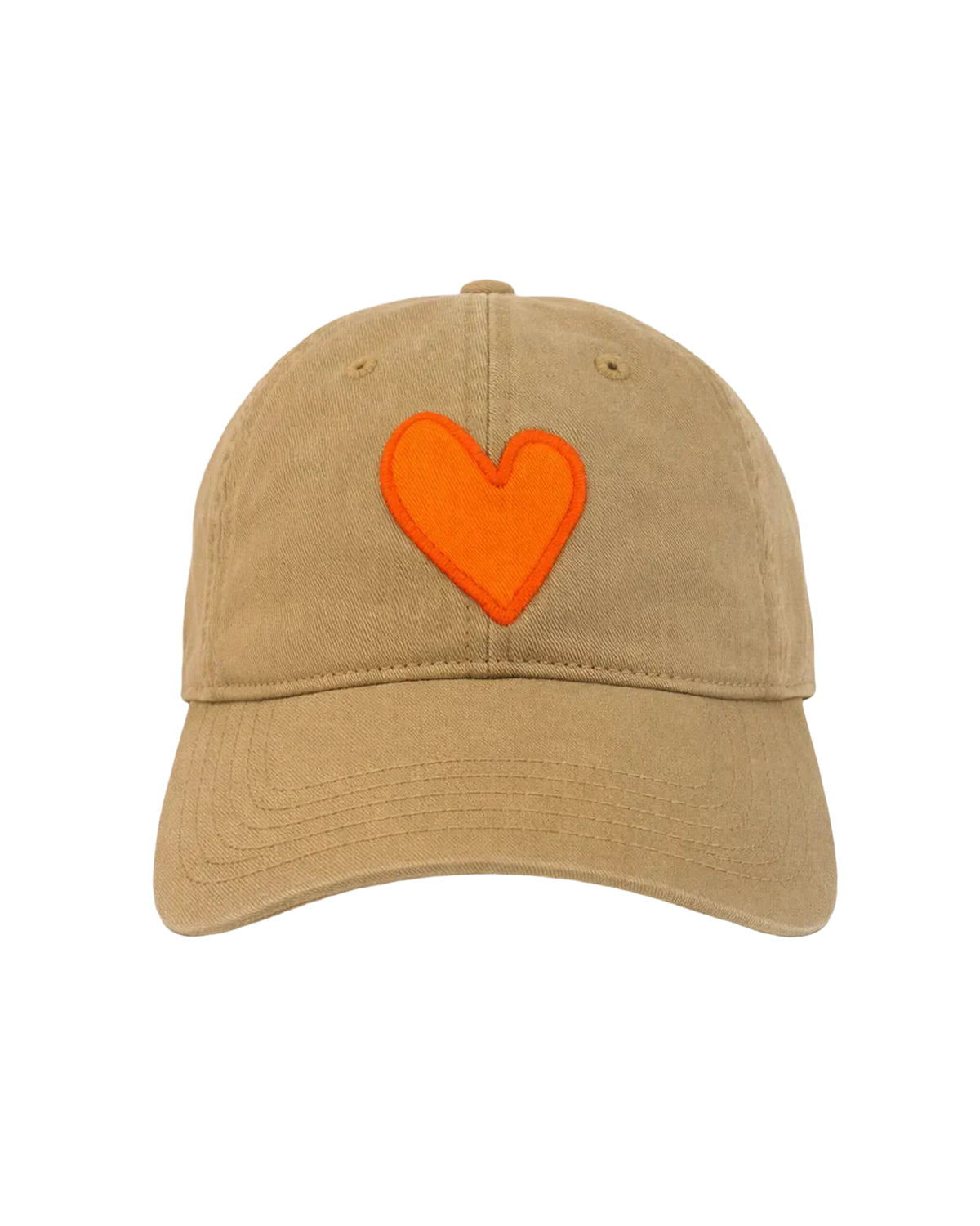 The Kerri Rosenthal Baseball Hat Heart Patch is a tan cap featuring a large orange heart embroidered on the front, inspired by popular styles.