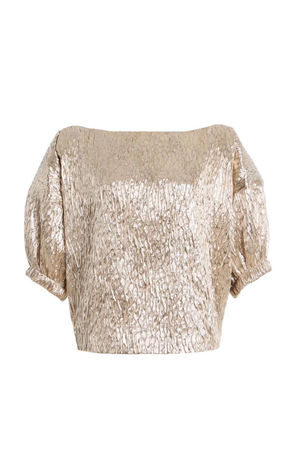Gold crinkled silk top with puff sleeves and straight neckline, Rachel Comey Filly Top, shimmering finish.